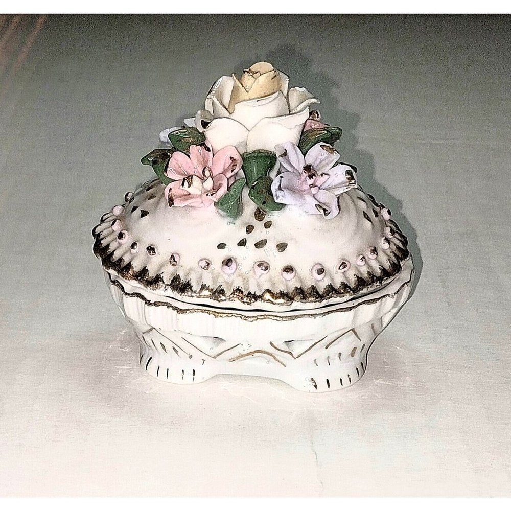 Porcelain Floral Gold Accent Trinket Dish Vintage
